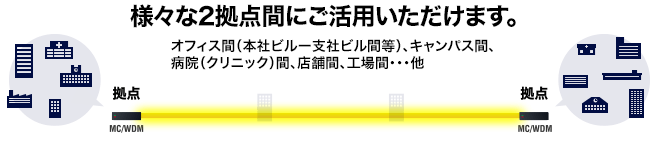 オフィス間(本社ビルー支社ビル間等)、キャンパス間、病院(クリニック)間、店舗間、工場間・・・他、様々な2拠点間にご活用いただけます。
